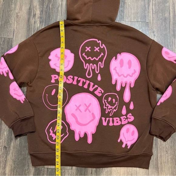 Faded Rose Essentials Positive Vibes Smiley Face Brown Pink Sweatshirt Hoodie S - Picture 12 of 13